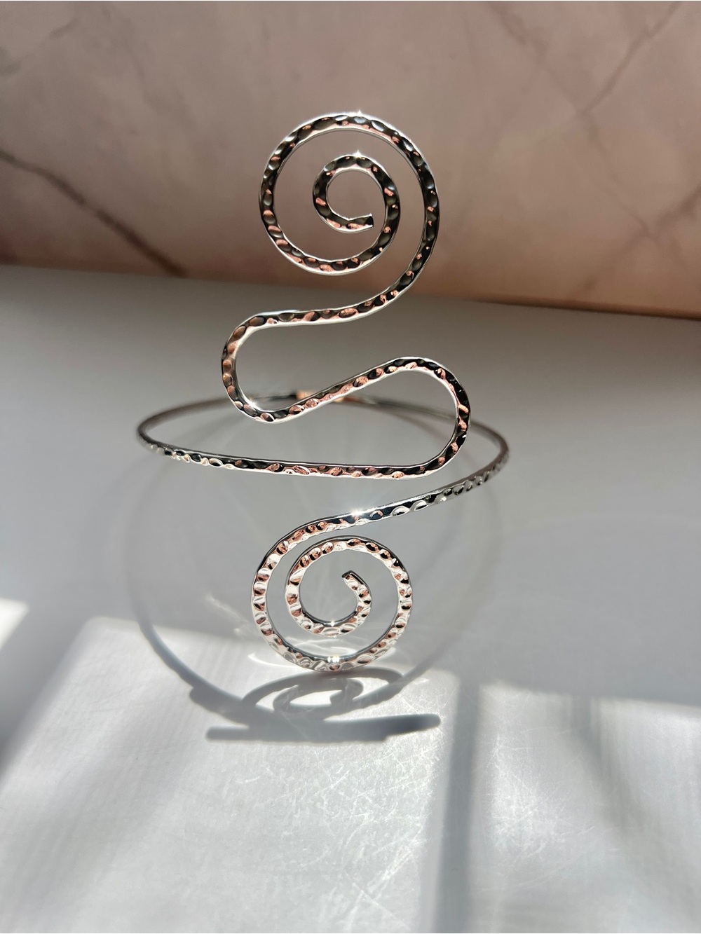 Hammered Spiral Arm Cuff - Silver Tone